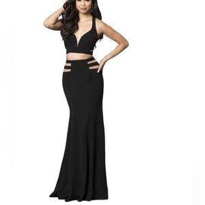LA FEMME Black Illusion Cut Out Two Piece Formal Gown